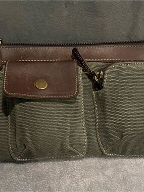 Fossil Olive Canvas Belt Bag with Brown Leather Trim